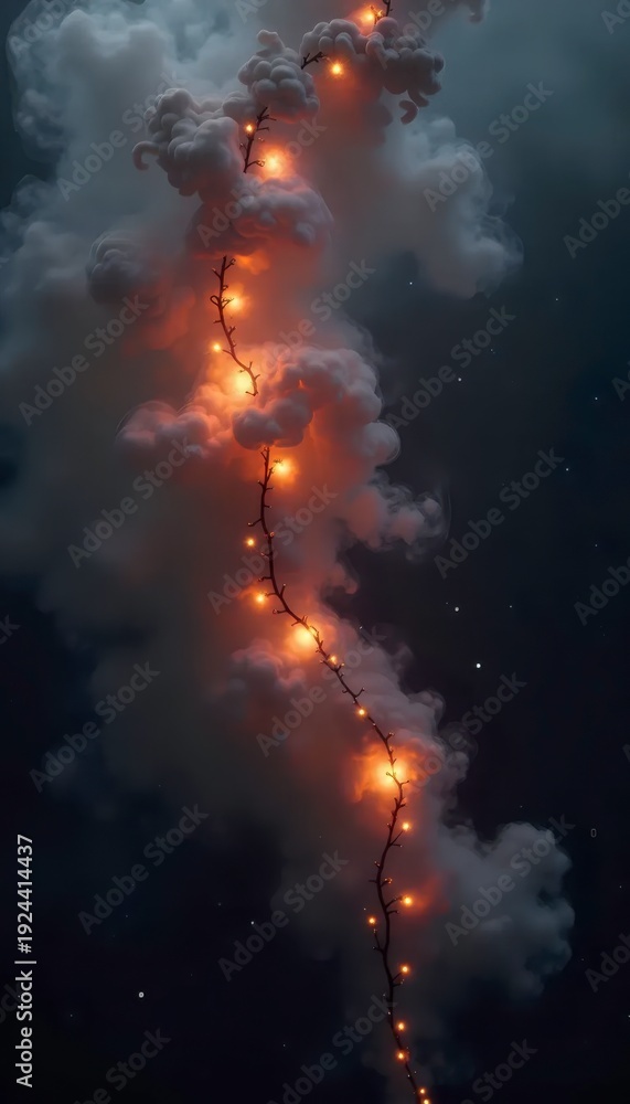 Fototapeta premium A painting of a tree with lights on it in the middle of a cloudy sky.