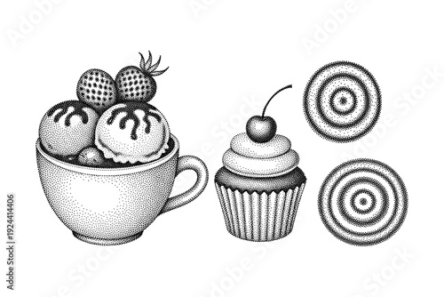 Stippled illustration of ice cream sundae and cupcake with decorative circles