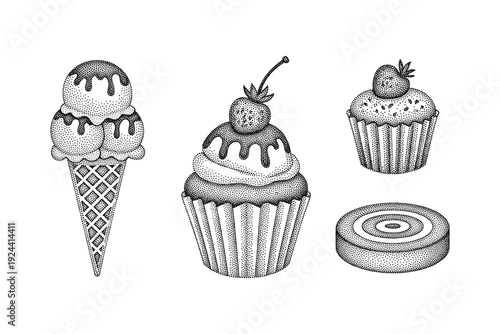 Collection of dot art desserts including ice cream cone, cupcakes, and swiss roll
