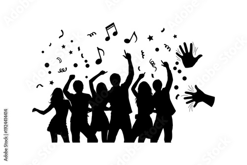 Silhouettes of people dancing and celebrating with confetti and musical notes