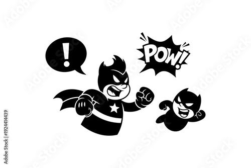Cartoon superheroes fighting with comic book sound effects and speech bubble