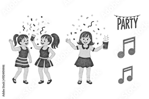 Children celebrating with confetti and music at a party, black and white stipple art
