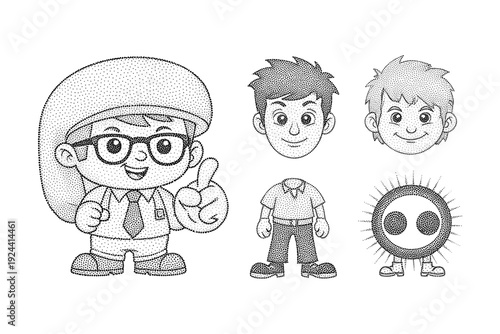 Cute cartoon character with glasses and tie, pointing finger, with separate heads and body