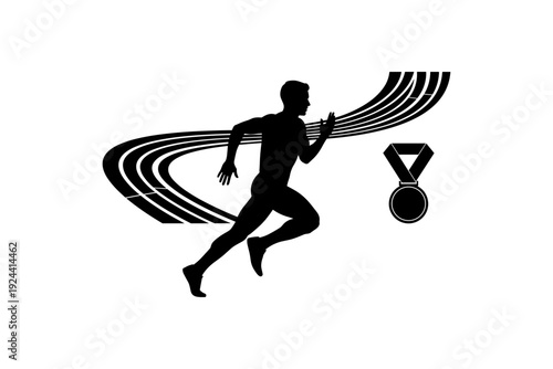 Silhouette of a runner on a track with a medal, symbolizing achievement and victory