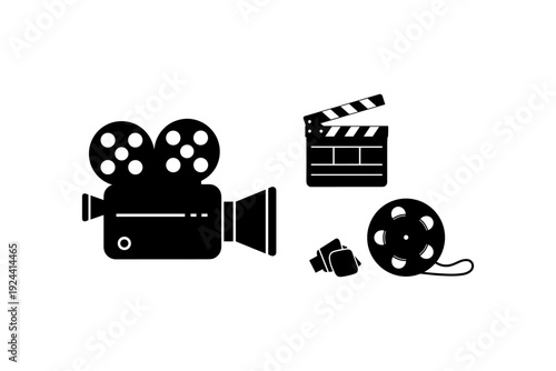 Vintage film camera, clapperboard, and film reel icons representing cinema and filmmaking