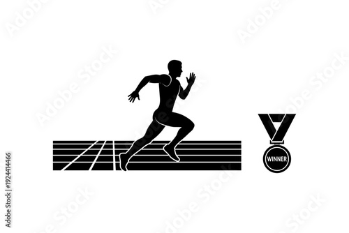 Silhouette of a runner on a track with a winner's medal, symbolizing achievement and victory