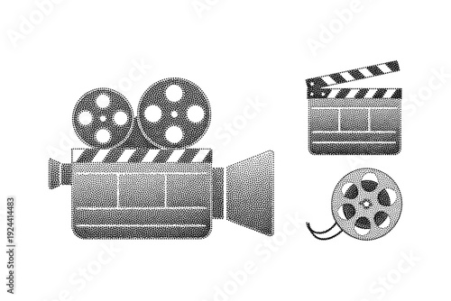 Vintage film camera, clapperboard, and film reel icons in a stippled art style