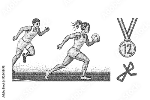 Athletes running on a track with a medal and sports icon, graphic illustration