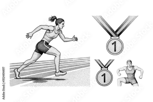 Female athlete running on track with medals and male athlete celebrating victory