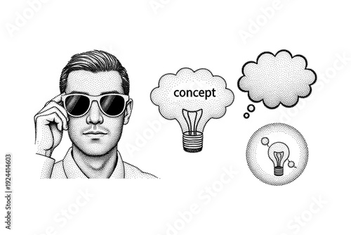 Man in sunglasses thinking about a bright new concept and idea generation
