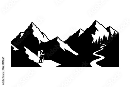Silhouette of a hiker with backpack and trekking poles on a mountain path