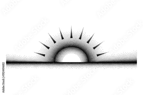 Minimalist stippled sunrise graphic with radiating sun rays over a dotted horizon line