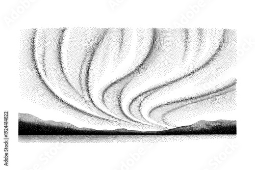 Abstract stippled aurora borealis over a dark, silhouetted mountain landscape