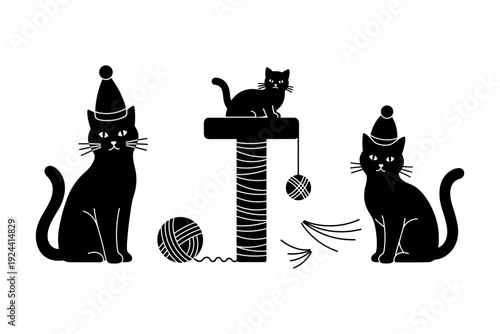 Three black cats wearing party hats with yarn balls and a scratching post