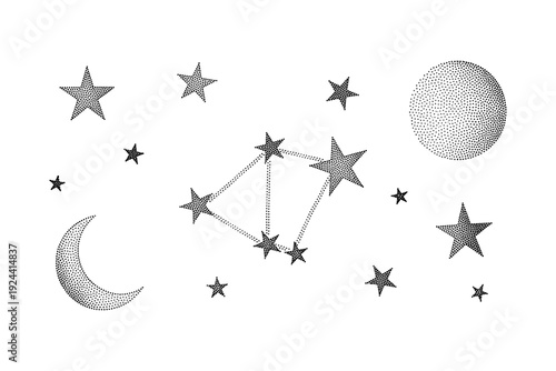 Celestial night sky with moon, stars, and constellations rendered in stippled dot art style