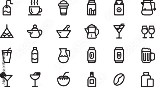 A comprehensive assortment of outline vector icons depicting various drinks, food items, and kitchen tools
