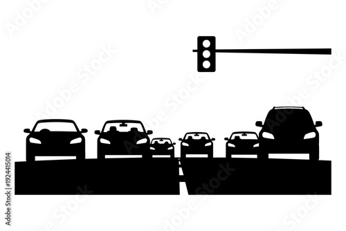 Black silhouette of cars in traffic jam with traffic light overhead on white background