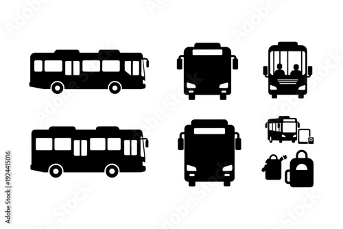 Collection of bus icons in silhouette, showing different views and contexts for transportation