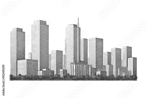 Monochromatic stippled cityscape with diverse skyscrapers and urban architecture