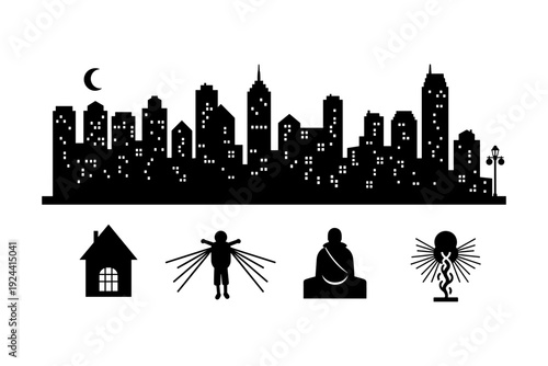 Silhouette icons of a cityscape, house, person with wings, meditating figure, and caduceus symbol