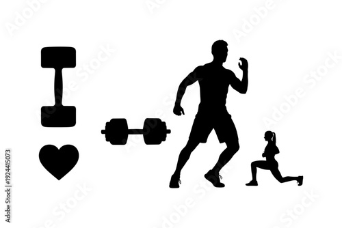 Silhouette of a man running and woman lunging with dumbbells and heart symbol