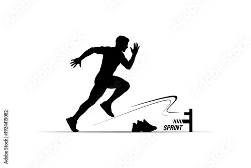 Silhouette of a male sprinter in motion, with a shoe and the word sprint graphic