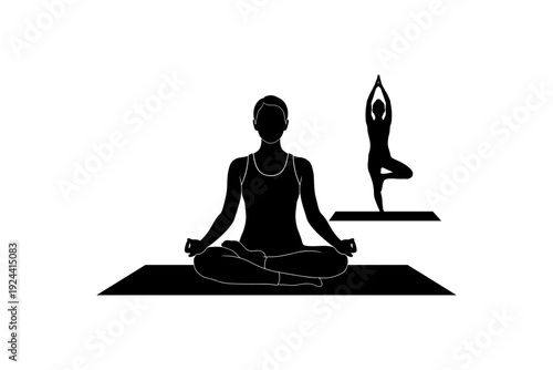 Silhouettes of people practicing yoga in lotus and tree poses on mats