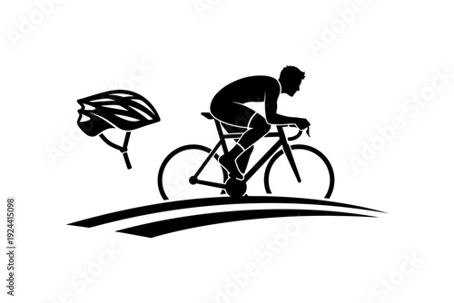 Silhouette of a cyclist in racing gear on a road bike with helmet nearby