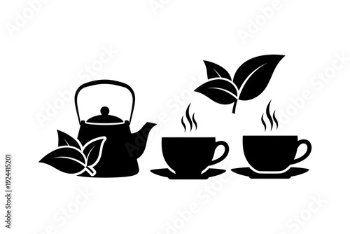Black silhouette of a teapot and two cups of hot tea with steam and tea leaves