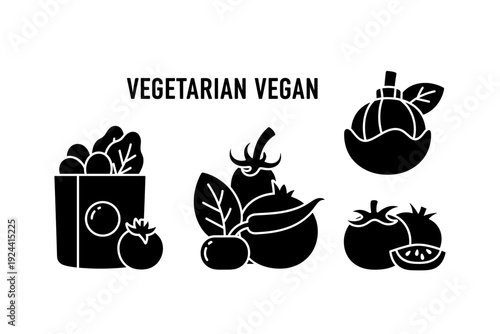 Collection of vegetarian and vegan food icons with fresh produce and healthy ingredients