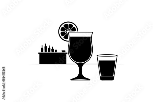 Stylized illustration of alcoholic beverages and bar setup with citrus garnish