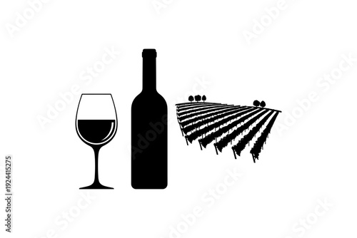 Black silhouette of wine bottle, glass, and vineyard on white background