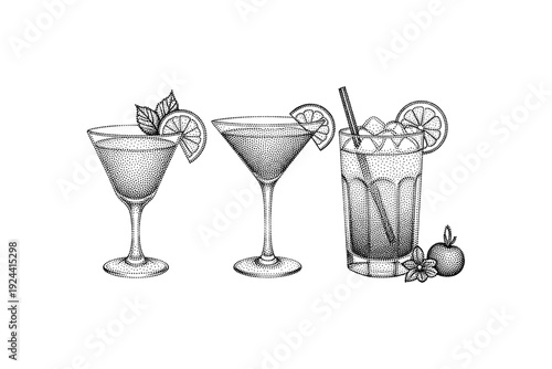 Three refreshing dot art cocktails with citrus garnishes and ice, perfect for summer