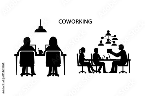 Coworking space illustration with people working on laptops and collaborating in a modern office environment