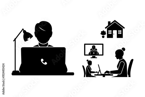 Remote work and online collaboration icons showing people working from home and in virtual meetings