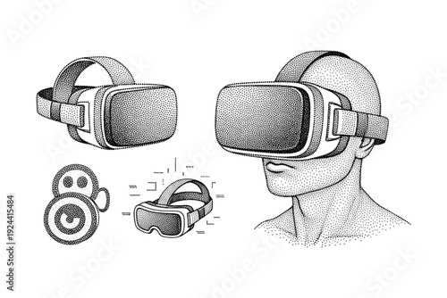 Virtual reality headset illustration with a person and abstract elements in stippled art style