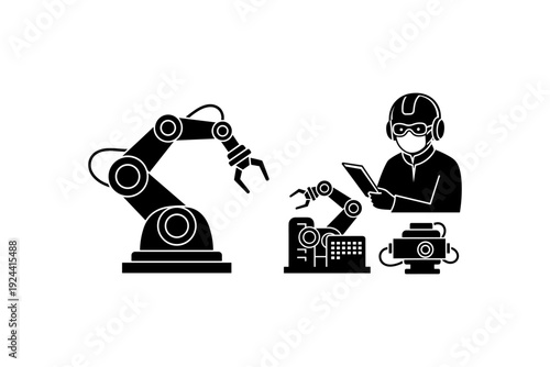 Robotic arms and technician with tablet in factory automation concept