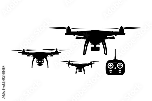 Collection of drone silhouettes and a remote control on a white background