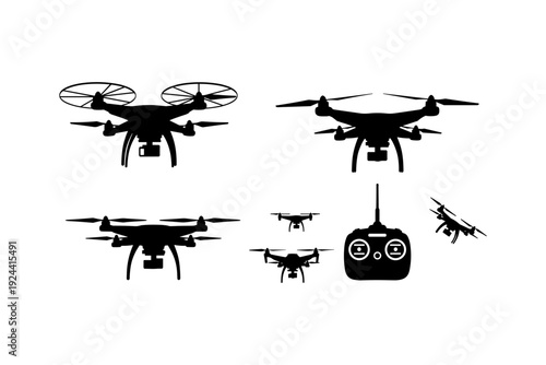 Collection of drone silhouettes with a remote control, showcasing aerial technology