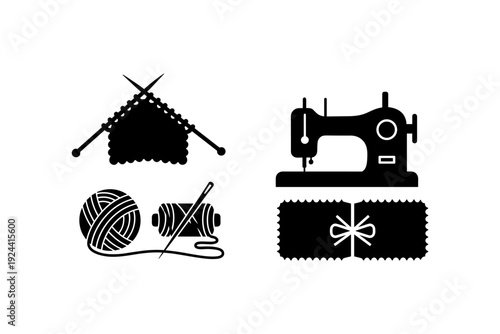 Collection of sewing and knitting icons, representing handmade crafts and hobbies