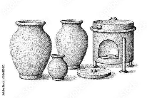 Collection of vintage pottery and ceramic vessels in a stippled illustration style