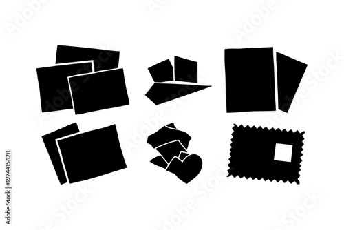 Collection of black paper shapes and postage stamp icons on a white background