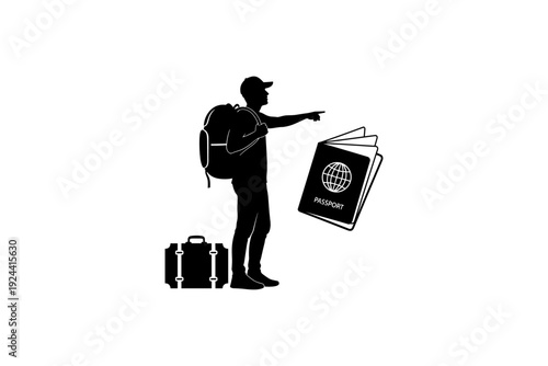 Silhouette of a traveler with backpack, suitcase, and passport pointing the way forward
