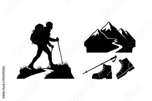 Silhouette of a hiker with backpack and trekking poles, mountains, and boots