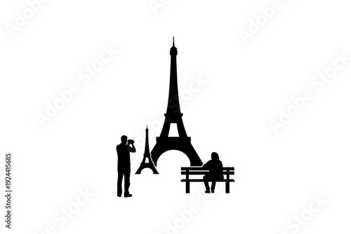 Silhouette of a photographer capturing the Eiffel Tower while someone relaxes on a bench