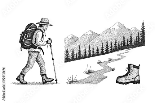 Man with backpack and trekking poles walking on a mountain trail with a boot nearby