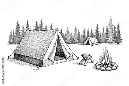 Stippled illustration of a campsite with tents, campfire, and pine forest background