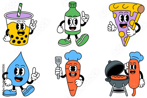 retro cartoon food and drink characters set featuring boba tea, pizza, beer, and hot dog mascots, perfect for branding, chef awards, and high rank titles.