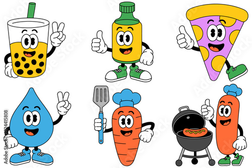 retro cartoon food and drink characters set featuring boba tea, pizza, beer, and hot dog mascots, perfect for branding, chef awards, and high rank titles.