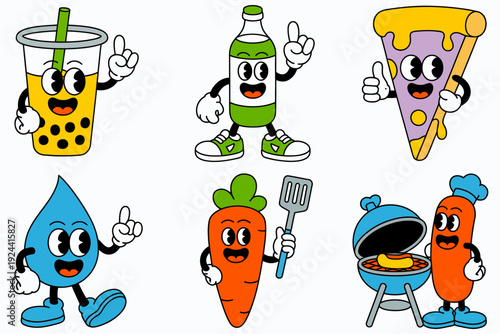 retro cartoon food and drink characters set featuring boba tea, pizza, beer, and hot dog mascots, perfect for branding, chef awards, and high rank titles.